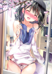 Rule 34 | 1girl, ^ ^, absurdres, black hair, blush, book, bookshelf, bra, breasts, closed eyes, collarbone, covering privates, embarrassed, flower, hair ornament, hairclip, hairpin, head tilt, highres, holding, holding clothes, lace, lace-trimmed bra, lace-trimmed panties, lace trim, large breasts, medium hair, nervous smile, ogata tei, open mouth, original, panties, petals, plaid, plaid bra, plaid panties, smile, standing, tree, underwear, window