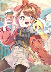 Rule 34 | 1girl, :d, absurdres, alternate costume, bag, blush, brown hair, brown pantyhose, character print, commentary request, creatures (company), cup, disposable cup, eyelashes, game freak, gen 3 pokemon, glint, grey eyes, hair ornament, hairband, hairclip, happy, high-waist shorts, highres, holding, holding cup, jacket, may (pokemon), medium hair, minatoya ringo, minun, nintendo, off shoulder, open mouth, pantyhose, pokemon, pokemon (creature), pokemon oras, ribbed sweater, shorts, shoulder bag, signature, smile, spinda, sweater, teeth, tongue, upper teeth only, zipper pull tab