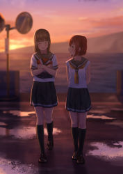 Rule 34 | 2girls, ^ ^, after rain, arms behind back, bad id, bad pixiv id, black hair, black socks, blurry, blurry background, blush, closed eyes, commentary request, hair ornament, hairclip, highres, holding, holding clothes, japanese clothes, kimono, kneehighs, kurosawa dia, kurosawa ruby, loafers, long hair, love live!, love live! sunshine!!, mijuku dreamer, mirror, mole, mole under mouth, multiple girls, neckerchief, ocean, outdoors, papi (papiron100), pleated skirt, puddle, red hair, road sign, school uniform, serafuku, shirt, shoes, short hair, short sleeves, siblings, sign, sisters, skirt, smile, socks, sunset, two side up, uranohoshi school uniform, walking, yellow neckerchief