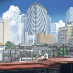 Rule 34 | 1girl, apartment, architecture, black hair, blue sky, boat, building, city, cloud, cloudy sky, crocs, day, dock, dog, east asian architecture, highres, kusakabe (kusakabeworks), original, photo-referenced, pole, real world location, shiba inu, shirt, short hair, shorts, sitting, sky, solo, tokyo (city), tree, twintails, watercraft, white shirt