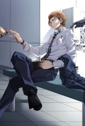 Rule 34 | 1boy, 2others, absurdres, bench, black footwear, black gloves, black necktie, blue eyes, blue jacket, blue pants, brown hair, can, collared shirt, cup, dress shirt, gloves, hand up, highres, holding, holding can, holding cup, jacket, jin yuuichi, looking away, male focus, morita yuu, multiple others, necktie, pants, profile, shirt, shoes, short hair, sitting, smile, solo focus, sweatdrop, vending machine, watch, white shirt, world trigger, wristwatch