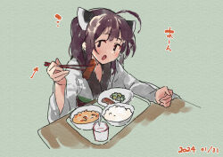 Rule 34 | 1girl, ahoge, arrow (symbol), blush, bowl, brown eyes, brown hair, chopsticks, dated, food, food request, green background, headgear, holding, holding chopsticks, japanese clothes, kimono, lamb (hitsujiniku), long sleeves, looking at viewer, obi, open mouth, plate, rice, sash, simple background, solo, table, touhoku kiritan, translation request, two side up, upper body, voiceroid, white kimono, wide sleeves