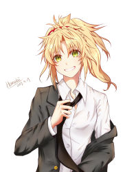 Rule 34 | 1girl, 2017, artist name, black jacket, black necktie, blonde hair, dated, dress shirt, fate/apocrypha, fate (series), green eyes, grin, hair ornament, head tilt, highres, jacket, long hair, mordred (fate), mordred (fate/apocrypha), necktie, off shoulder, open mouth, ponytail, qingmingyanhua, shirt, simple background, smile, solo, upper body, white background, white shirt