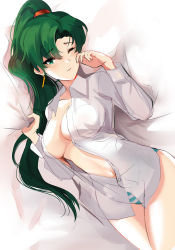 Rule 34 | 1girl, ;), bed sheet, blue panties, blush, breast pocket, breasts, cleavage, closed mouth, collared shirt, cowboy shot, earrings, fire emblem, fire emblem: the blazing blade, from above, green eyes, green hair, highres, jewelry, large breasts, long hair, long sleeves, looking at viewer, lying, lyn (fire emblem), navel, nintendo, no bra, on back, one eye closed, open clothes, open shirt, ormille, panties, parted bangs, pillow, pillow grab, pocket, ponytail, see-through, shirt, smile, solo, striped clothes, striped panties, thighs, underwear, very long hair, waking up, white shirt, wing collar, wiping face
