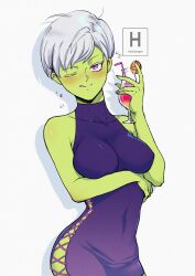 Rule 34 | 1girl, absurdres, blush, breasts, cheelai, colored skin, covered navel, dragon ball, dragon ball super, drunk, female focus, green skin, highres, hydedrogen, large breasts, licking lips, looking at viewer, nail polish, one eye closed, pink eyes, short hair, solo, tongue, tongue out, white hair, wink