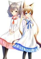 Rule 34 | 2girls, animal ear fluff, animal ears, black legwear, blonde hair, blue eyes, blue neckwear, blue sailor collar, brown footwear, cat ears, closed mouth, commentary request, dress, feet out of frame, frilled dress, frilled sleeves, frills, green eyes, highres, long dress, long hair, long sleeves, looking at viewer, multiple girls, neck ribbon, neckerchief, original, pink sailor collar, red neckwear, ribbon, rukinya (nyanko mogumogu), sailor collar, sailor dress, shoes, side-by-side, sidelocks, silver hair, simple background, smile, twintails, very long hair, wavy hair, white background, white dress