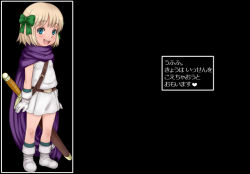 Rule 34 | 1girl, belt, blonde hair, blue eyes, boots, bow, cape, child, dragon quest, dragon quest v, e10, flipped, framed, framed image, gloves, hair bow, hero&#039;s daughter (dq5), looking at viewer, open mouth, short hair, smile, solo, square enix, standing, sword, translation request, tunic, weapon