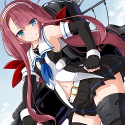 Rule 34 | 10s, 1girl, ahoge, aqua eyes, armpits, asymmetrical bangs, bare shoulders, belt, black gloves, black skirt, black thighhighs, blue eyes, blue neckerchief, breasts, collared shirt, dd (ijigendd), elbow gloves, fingerless gloves, gloves, gradient background, hair ribbon, hairband, kantai collection, kawakaze (kancolle), long hair, looking at viewer, low twintails, machinery, navel, neckerchief, pink hair, pleated skirt, red hair, red ribbon, ribbon, school uniform, serafuku, shirt, sidelocks, skirt, sleeveless, sleeveless shirt, small breasts, smile, smokestack, solo, thighhighs, twintails, very long hair, white belt