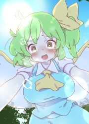 Rule 34 | 1girl, backlighting, breasts, daiyousei, fairy, fairy wings, green hair, heart, heart-shaped pupils, large breasts, ribbon, side ponytail, solo, symbol-shaped pupils, tanasuke, touhou, wings, yellow ribbon