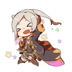 Rule 34 | &gt; &lt;, 1girl, arm up, chibi, fire emblem, fire emblem awakening, long sleeves, nintendo, open mouth, robe, robin (female) (fire emblem), robin (fire emblem), shunrai, simple background, solo, twintails, white background, white hair
