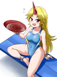 Rule 34 | 1girl, alcohol, bench, blonde hair, bowl, competition swimsuit, covered navel, cuffs, cup, fang, horns, hoshiguma yuugi, kousei (public planet), looking at viewer, one-piece swimsuit, oni, open mouth, pointy ears, red eyes, sakazuki, sake, shackles, simple background, single horn, sitting, smile, solo, swimsuit, touhou, white background