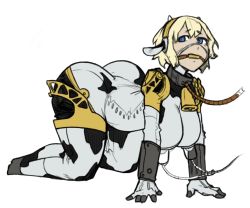 Rule 34 | 1girl, aegis (persona), all fours, android, animal print, ass, bdsm, blonde hair, blue eyes, bondage, borvar, bound, breasts, collar, colorized, cow print, full body, gag, huge ass, large breasts, leash, looking at viewer, milking machine, persona, persona 3, pet play, shin megami tensei, short hair, simple background, solo, white background, women livestock