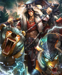 Rule 34 | 1boy, abs, animal hood, armlet, armor, axe, battle axe, bear, belt, black hair, bracer, cape, chain, cloud, cloudy sky, earrings, facepaint, grey eyes, hood, jewelry, kei1115, lightning, looking at viewer, male focus, necklace, open mouth, outdoors, over shoulder, pixiv id, red cape, shingoku no valhalla gate, shoulder armor, sky, tiger, tree, watermark, weapon, web address, pelt