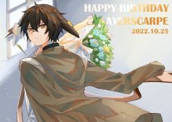 Rule 34 | 1boy, animal ears, arknights, ayerscarpe (arknights), bouquet, character name, dated, earrings, flower, happy birthday, highres, holding, holding bouquet, jacket, jacket on shoulders, jewelry, looking at viewer, looking back, lop rabbit ears, male focus, orange eyes, piercing, rabbit boy, rabbit ears, reiya (yukeewoof), scar, scar on face, scar on nose, shirt, simple background, single earring, solo, sparkle, upper body, white shirt, window