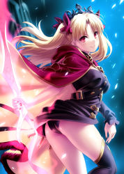 Rule 34 | 1girl, arm behind back, ass, asymmetrical legwear, asymmetrical sleeves, black dress, black thighhighs, blonde hair, blush, breasts, cape, closed mouth, dress, ereshkigal (fate), fate/grand order, fate (series), highres, hip focus, long hair, looking at viewer, medium breasts, parted bangs, red cape, red eyes, red ribbon, ribbon, short dress, single sleeve, single thighhigh, skull, smile, solo, spine, thighhighs, thighs, tiara, tohsaka rin, two side up, uneven legwear, uneven sleeves, weapon, zen