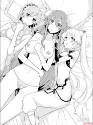 Rule 34 | 3girls, bed, bra, breasts, character request, earnest flaming, eiyuu kyoushitsu, greyscale, kufurin (eiyuu kyoushitsu), large breasts, manga page, medium breasts, monochrome, multiple girls, navel, nipples, non-web source, nude filter, panties, pillow, pointy ears, revealing clothes, scarf, small breasts, stomach, tagme, third-party edit, underwear