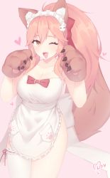 Rule 34 | 1girl, absurdres, animal ear fluff, animal ears, animal hands, apron, artist request, bell, breasts, cat hair ornament, cat paws, cleavage, collar, collarbone, fang, fate/grand order, fate (series), fox ears, fox girl, fox tail, gloves, hair ornament, hair ribbon, hairclip, heart, highres, jingle bell, large breasts, long hair, looking at viewer, naked apron, neck bell, one eye closed, open mouth, paw gloves, pink background, pink hair, ponytail, red ribbon, ribbon, simple background, skin fang, solo, tail, tamamo (fate), tamamo cat (fate), tamamo cat (third ascension) (fate), white apron, yellow eyes