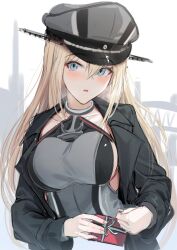 Rule 34 | 1girl, bismarck (kancolle), black coat, blonde hair, blue eyes, blush, box, breasts, coat, gift, gift box, grey hat, hair between eyes, hat, highres, holding, holding gift, kantai collection, kokenashi, large breasts, long hair, long sleeves, military, military hat, military uniform, open clothes, open coat, open mouth, peaked cap, solo, uniform, upper body