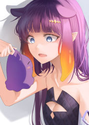 Rule 34 | 1girl, absurdres, animal ears, bare shoulders, blue eyes, breasts, cleavage cutout, clothing cutout, commentary, dress, eyelashes, fang, gradient hair, headpiece, highres, holding, hololive, hololive english, long hair, looking down, mole, mole under eye, multicolored hair, ninomae ina&#039;nis, open mouth, orange hair, pointy ears, purple hair, rianya07, shadow, simple background, small breasts, solo, strapless, strapless dress, takodachi (ninomae ina&#039;nis), tentacle hair, tube dress, two-tone hair, upper body, virtual youtuber, white background