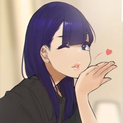 Rule 34 | 1girl, blowing kiss, blue eyes, blue hair, blurry, blurry background, depth of field, hair behind ear, highres, kiss day, lips, long hair, looking at viewer, miru tights, mole, mole on neck, mole under eye, nakabeni yua, nakitsubuan, one eye closed, selfie, sketch, solo