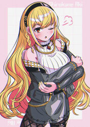Rule 34 | 1girl, absurdres, blonde hair, blush, breasts, cowboy shot, denonbu, grey skirt, hairband, highres, jacket, large breasts, long hair, long sleeves, looking at viewer, menaguro, off shoulder, one eye closed, open clothes, open jacket, open mouth, pantyhose, red eyes, ribbed sweater, shirokane aki, sigh, skirt, sleeveless, solo, standing, sweater, turtleneck, very long hair