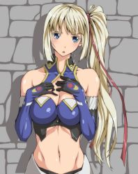 Rule 34 | 10s, 1girl, :o, bare shoulders, blonde hair, blue eyes, blue gloves, breast suppress, breasts, cleavage, elbow gloves, gloves, large breasts, limalisha, long hair, looking at viewer, madan no ou to vanadis, midriff, navel, ozaneko, side ponytail, solo