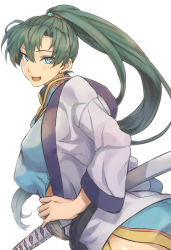 Rule 34 | 1girl, blue eyes, breasts, earrings, fire emblem, fire emblem: the blazing blade, green hair, haori, japanese clothes, jewelry, large breasts, lyn (fire emblem), nintendo, ponytail, sajittari, solo, sword, weapon