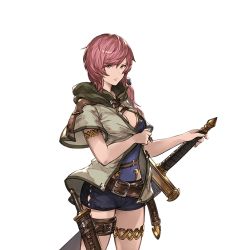 Rule 34 | 10s, 1girl, belt, brown eyes, dagger, granblue fantasy, hood, hooded jacket, jacket, knife, leotard, long hair, looking at viewer, minaba hideo, red hair, shorts, solo, sword, thigh strap, transparent background, volenna, weapon