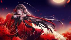 Rule 34 | 1girl, ahoge, blurry, brown eyes, brown hair, coco 079, covered mouth, depth of field, dress, flower, highres, holding, holding sword, holding weapon, japanese clothes, katana, light blush, long hair, looking at viewer, moonlight, original, outdoors, petals, red dress, red flower, solo, spider lily, sword, virtual youtuber, weapon