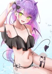Rule 34 | 1girl, absurdres, adjusting hair, arm up, armpits, bikini, black bikini, black bow, blush, bow, braid, breasts, c1p122, cleavage, collarbone, colored inner hair, demon girl, demon horns, demon tail, demon wings, ear piercing, earrings, fang, french braid, green eyes, hair bow, hair bun, hair ornament, hairclip, heart o-ring, highres, hololive, horns, jewelry, leg tattoo, long hair, looking at viewer, medium breasts, mini wings, multi-strapped bikini, multicolored hair, multicolored nails, navel, o-ring, o-ring thigh strap, off-shoulder bikini, off shoulder, open mouth, partially submerged, piercing, pink hair, purple hair, purple nails, single side bun, sitting, skindentation, smile, solo, stomach, streaked hair, string bikini, swept bangs, swimsuit, tail, tail ornament, tail piercing, tattoo, thigh strap, tokoyami towa, virtual youtuber, water, wet, wings, x hair ornament, yellow nails