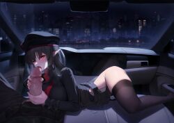 Rule 34 | 1boy, 1girl, belt, belt pouch, black hair, black headwear, black leotard, black shirt, breasts, brown thighhighs, car interior, censored, cityscape, cosplay, daydream (zhdkffk21), erection, fellatio, goddess of victory: nikke, handjob, hat, heart, heart-shaped pupils, heavy breathing, hetero, highres, large breasts, leotard, long hair, long sleeves, looking at viewer, lying, military hat, mosaic censoring, necktie, night, on stomach, open mouth, oral, original, penis, pointy ears, pouch, rapi (nikke), rapi (nikke) (cosplay), red eyes, shirt, solo focus, symbol-shaped pupils, thighhighs, thighs, veins, veiny penis