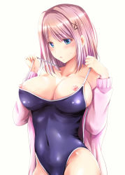 Rule 34 | 1girl, arino hiroshi, bare shoulders, blue eyes, blush, breasts, competition school swimsuit, hair ornament, hairclip, highres, jacket, large breasts, long hair, long sleeves, nipples, one-piece swimsuit, open mouth, original, pink hair, school swimsuit, solo, spaghetti strap, swimsuit, x hair ornament
