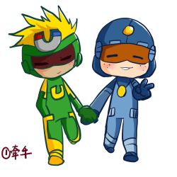 Rule 34 | blue headwear, careless s, green headwear, happy heroes, highres, holding hands, male focus, simple background, smart s, white background