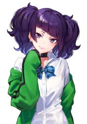 Rule 34 | 1girl, arm at side, black collar, blue bow, blue bowtie, blunt bangs, bow, bowtie, buttons, closed mouth, collar, collarbone, collared shirt, commentary request, diagonal bangs, dress shirt, earrings, green jacket, hand up, head tilt, idolmaster, idolmaster shiny colors, jacket, jewelry, kinta (distortion), light blush, long sleeves, looking at viewer, medium hair, off shoulder, open clothes, open jacket, plaid, plaid bow, plaid bowtie, plaid neckwear, purple eyes, purple hair, school uniform, shirt, short twintails, simple background, sleeves past fingers, sleeves past wrists, smile, solo, standing, striped clothes, striped jacket, studded collar, tanaka mamimi, twintails, upper body, white background, white shirt