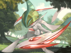 Rule 34 | 1boy, arm up, artist name, blue hair, blurry, blurry foreground, colored skin, creatures (company), dappled sunlight, day, dutch angle, eye trail, fighting stance, gallade, game freak, gen 4 pokemon, grass, green hair, hair over one eye, highres, jpeg artifacts, leaning forward, legs apart, light trail, looking at viewer, male focus, mega gallade, mega pokemon, mohawk, multicolored hair, nintendo, outdoors, pectorals, pokemon, pokemon (creature), red eyes, rio (user nvgr5434), signature, solo, standing, sunlight, toned, toned male, tree, two-tone hair, white skin