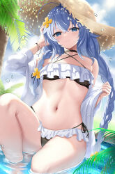 Rule 34 | 1girl, ahoge, bare shoulders, bikini, black bikini, blue eyes, blue hair, blue sky, blush, braid, breasts, closed mouth, collarbone, crossed bangs, cyicheng, frills, hair between eyes, hat, long hair, long sleeves, looking at viewer, mushoku tensei, navel, off shoulder, open clothes, open shirt, palm tree, roxy migurdia, shirt, sitting, sky, small breasts, smile, solo, straw hat, swimsuit, thighs, tree, twin braids, two-tone bikini, water, white bikini, white shirt