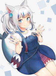 Rule 34 | 1girl, animal ear fluff, animal ears, bag, blue dress, blue eyes, blue nails, blunt bangs, blush, breasts, cat ears, closed mouth, cowboy shot, double w, dress, eyebrows hidden by hair, fins, fish tail, gawr gura, gawr gura (casual), gradient background, grey background, hands up, highres, hololive, hololive english, long hair, looking at viewer, medium breasts, multicolored hair, nail polish, noixen, official alternate costume, shark tail, shirt, short sleeves, shoulder bag, side ponytail, silver hair, simple background, smile, solo, strap slip, streaked hair, suspenders, tail, trident print, virtual youtuber, w, white shirt