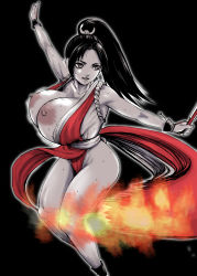 Rule 34 | 1girl, black background, black hair, bouncing breasts, breast slip, breasts, folded fan, commentary request, fatal fury, feet out of frame, fire, folding fan, forehead, hand fan, high ponytail, highres, huge breasts, japanese clothes, limited palette, looking to the side, nipples, no bra, outstretched arms, panties, parted lips, pelvic curtain, piero, ponytail, red panties, shiranui mai, simple background, solo, spread arms, sweat, underwear, wardrobe malfunction