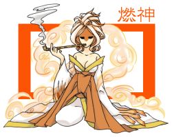 Rule 34 | 1girl, holding, holding smoking pipe, kiseru, moegami, ookami (game), personification, pipe in mouth, smoking, smoking pipe, solo
