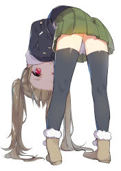 Rule 34 | 1girl, :&gt;, absurdres, beige footwear, black coat, black thighhighs, boots, brown hair, closed mouth, coat, full body, fur-trimmed boots, fur trim, green skirt, hands in pockets, highres, long hair, long sleeves, looking at viewer, looking back, omucchan (omutyuan), original, pleated skirt, red eyes, simple background, skirt, smile, solo, standing, thighhighs, twintails, very long hair, white background