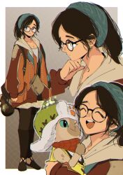 Rule 34 | 1girl, alma (monster hunter wilds), bandana, black-framed eyewear, black eyes, black hair, book, commentary request, earrings, felyne, glasses, green bandana, hand on own chin, hat, highres, jewelry, medium hair, mogutory, mogutory (mehj4447), monster hunter (series), monster hunter wilds, multicolored clothes, necklace, pants, shoes, smile, teeth, upper teeth only