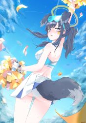 Rule 34 | 1girl, animal ears, arm up, ass, bare shoulders, black hair, blue archive, blue eyes, blue sky, blush, cheerleader, cloud, cloudy sky, dog ears, dog tail, from behind, hand up, hibiki (blue archive), hibiki (cheer squad) (blue archive), highres, looking back, millennium cheerleader outfit (blue archive), open mouth, panties, pom pom (cheerleading), pom pom (clothes), ponytail, skirt, sky, tail, underwear, upskirt, wateu10, white panties