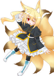Rule 34 | 1girl, ;d, animal ears, black capelet, black jacket, black thighhighs, blonde hair, blush, boots, capelet, cross-laced footwear, dress, fox ears, fox girl, fox tail, full body, hair between eyes, highres, jacket, kitsune, knee boots, kurotsutsuki, kyuubi, lace-up boots, long hair, long sleeves, multiple tails, one eye closed, open mouth, original, over-kneehighs, red eyes, side ponytail, sidelocks, simple background, smile, solo, tail, thighhighs, very long hair, white background, white dress, white footwear