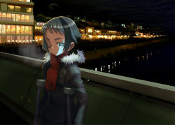 Rule 34 | 1girl, bikko, black hair, blue eyes, buttons, cold, crutch, double-breasted, jacket, multicolored hair, one eye closed, original, outdoors, scar, scarf, silver hair, solo, solo focus, yoshida on