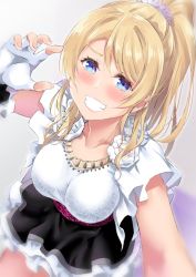 Rule 34 | 1girl, artist name, artist request, ayase eli, bare legs, black skirt, blonde hair, blue eyes, blush, breasts, close-up, collarbone, corset, dress, female focus, fingerless gloves, floral dress, floral print, flower, flower dress, frilled sleeves, frills, gloves, hair between eyes, hair flower, hair ornament, high ponytail, jewelry, long hair, looking at viewer, love live!, love live! school idol festival, love live! school idol project, medium breasts, miniskirt, nail, nail polish, necklace, parted lips, pearl necklace, pink nails, pink nails, plaid, plaid dress, plaid skirt, pleated, pleated dress, pleated skirt, ponytail, purple corset, short hair, short sleeves, skirt, smile, solo, teeth, white dress, white flower, white gloves, white skirt