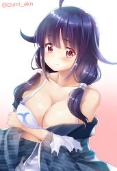 Rule 34 | 10s, 1girl, ahoge, blush, breast hold, breasts, cleavage, collarbone, commentary request, eyebrows, gradient background, hair flaps, izumi akane, kantai collection, large breasts, long hair, looking at viewer, low twintails, off shoulder, purple hair, red eyes, solo, taigei (kancolle), twintails, twitter username, upper body