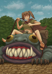 Rule 34 | 1girl, animal, barefoot, brown eyes, brown hair, cape, creature, feet, frog, happy, midriff, monster, original, rags, riding, short twintails, smile, soles, spinlock, teeth, toes, torn clothes, twintails