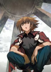 Rule 34 | 1boy, aoki (fumomo), black shirt, blue pants, brown eyes, brown hair, day, duel academy uniform (yu-gi-oh! gx), from below, jacket, jacket on shoulders, long hair, male focus, multicolored hair, open mouth, pants, red jacket, shirt, solo, squatting, two-tone hair, yu-gi-oh!, yu-gi-oh! gx, yuki judai