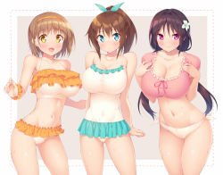 Rule 34 | 3girls, :d, bare arms, bare shoulders, black hair, blue eyes, blush, breasts, brown hair, cleavage, collarbone, commentary request, flower, hair flower, hair ornament, hairband, highres, kazuma (kazumav), large breasts, light brown hair, long hair, looking at viewer, mole, mole on breast, multiple girls, navel, open mouth, orange scrunchie, original, ponytail, purple eyes, scrunchie, short hair, smile, sweat, wrist scrunchie, yellow eyes