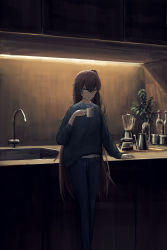 Rule 34 | 1girl, artist request, blue panties, blue pants, blue skirt, blue sweater, bottle, brown hair, casual, casual clothes, coffee maker, coffee mug, coffee pot, counter, countertop, cup, cupboard, dark room, female focus, girls&#039; frontline, hand on table, highres, hot drink, kitchen, kofi, light, long hair, long sleeves, looking at viewer, mug, panties, pants, plant, scar, scar across eye, scar on face, shirt, sink, skirt, smile, standing, sweater, ump45 (girls&#039; frontline), underwear, white shirt, yellow eyes